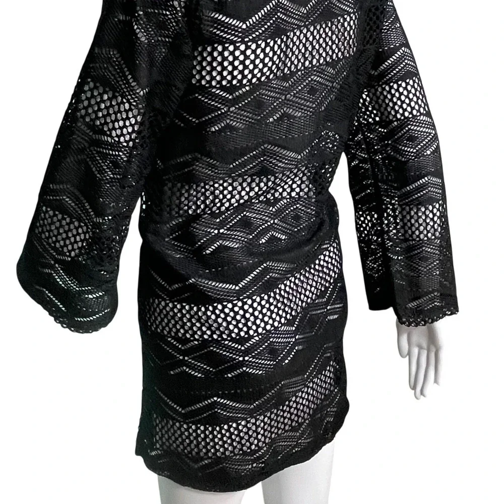 Black Crochet Knit V-Neck Swim Beach Cover Up Resortwear Dress Bell Sleeve - Picture 8 of 10